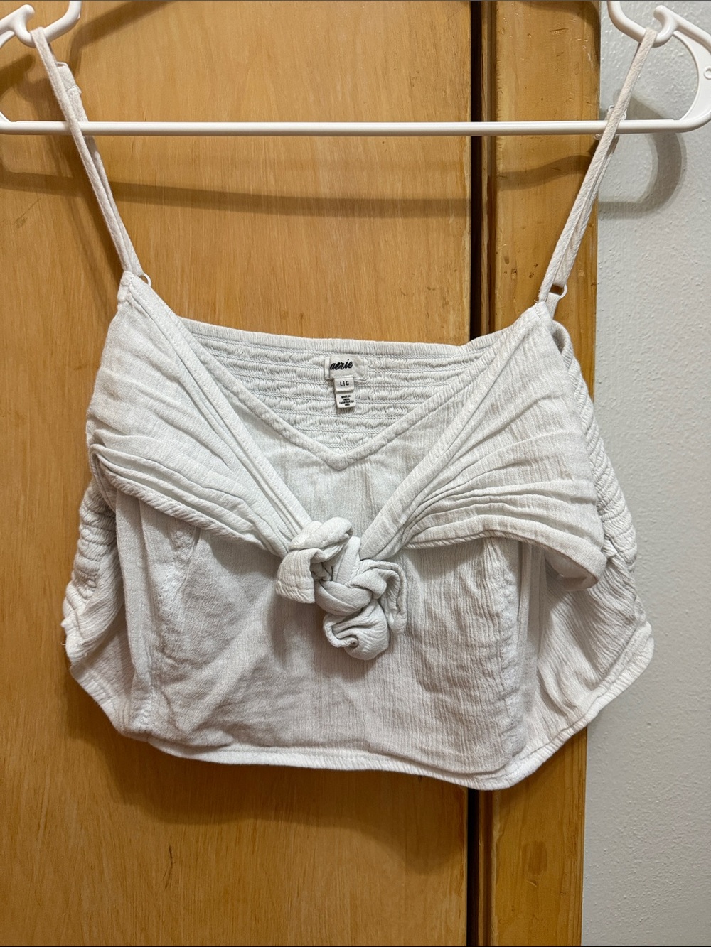 aerie White Textured Smocked Crop Top